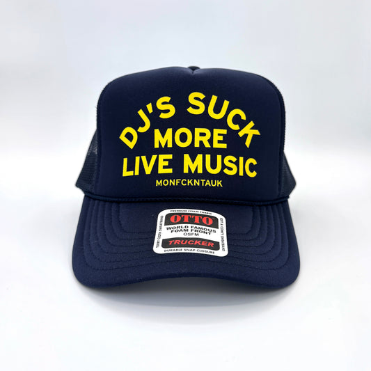 "DJ's SUCK" foam trucker, Navy+Yellow