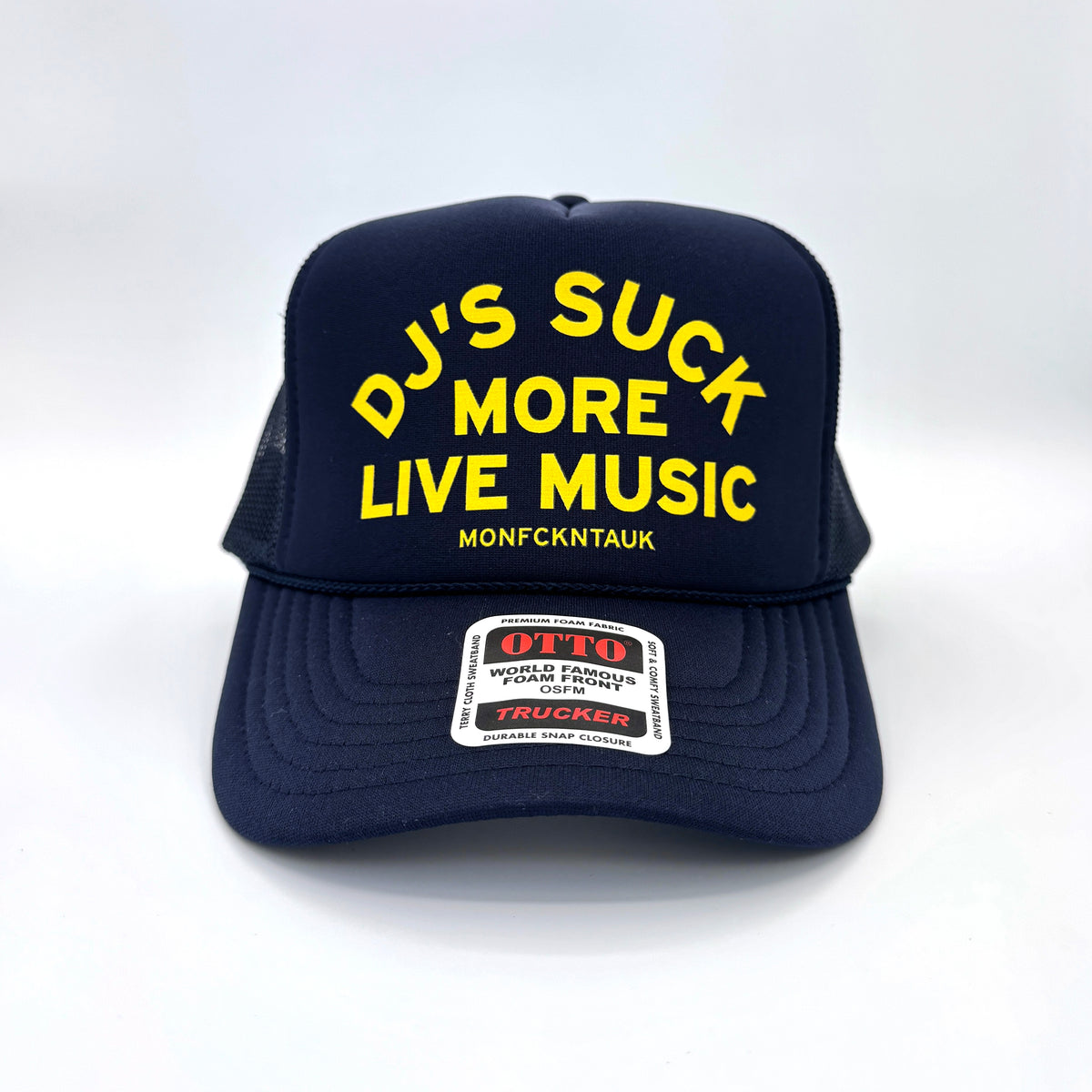 "DJ's SUCK" foam trucker, Navy+Yellow