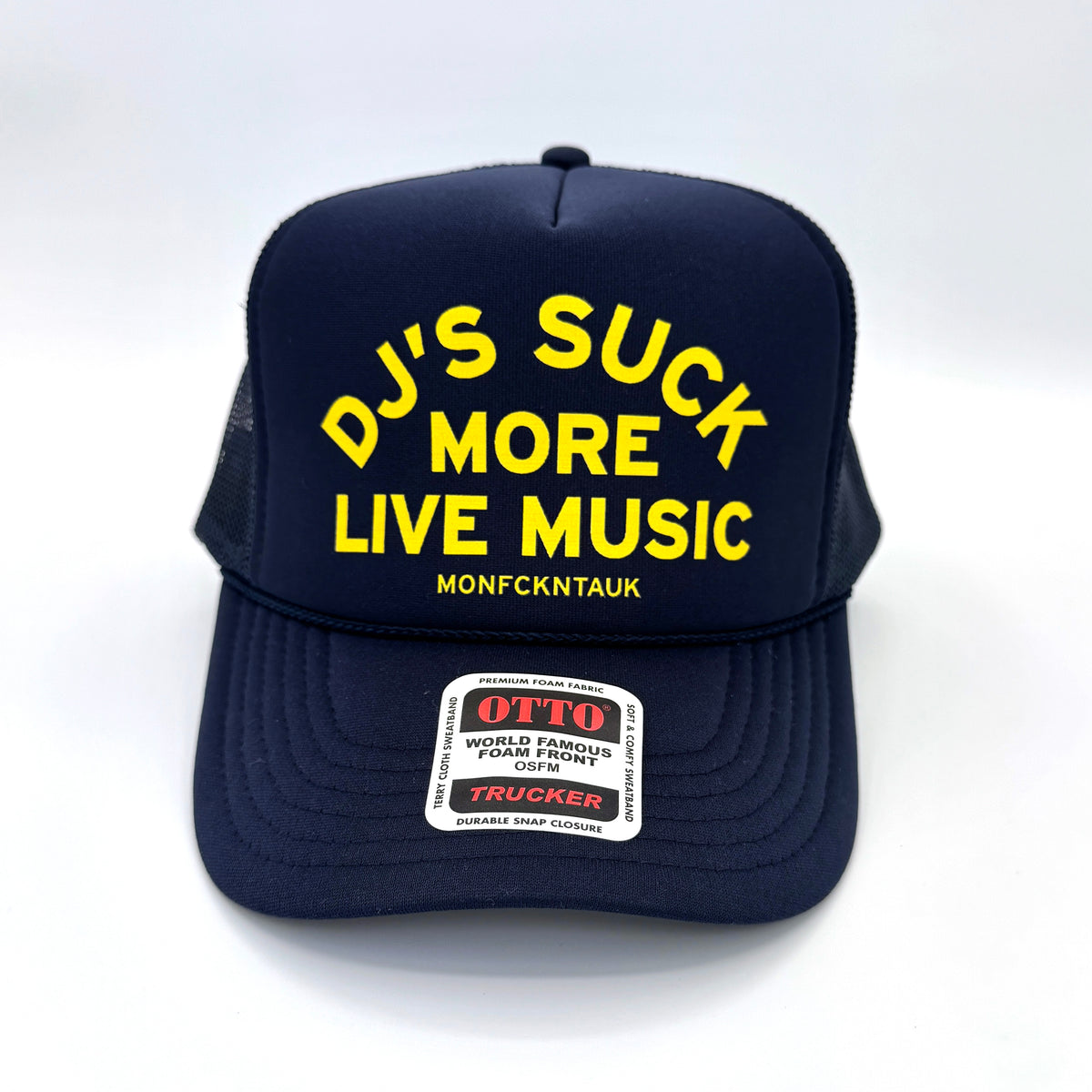 "DJ's SUCK" foam trucker, Navy+Yellow
