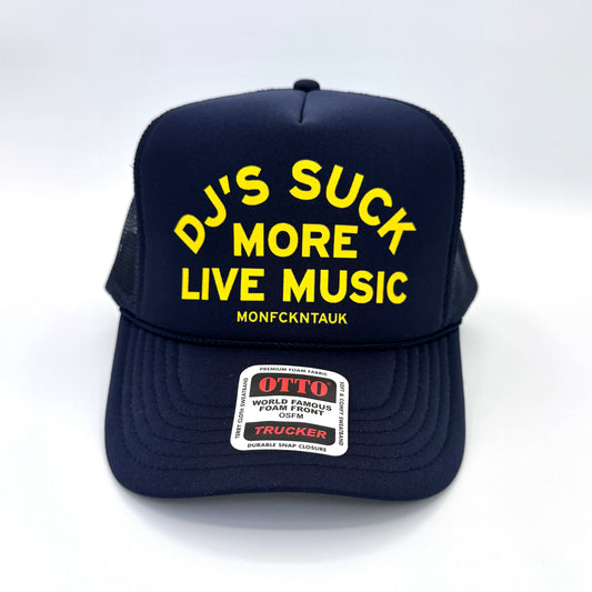 "DJ's SUCK" foam trucker, Navy+Yellow
