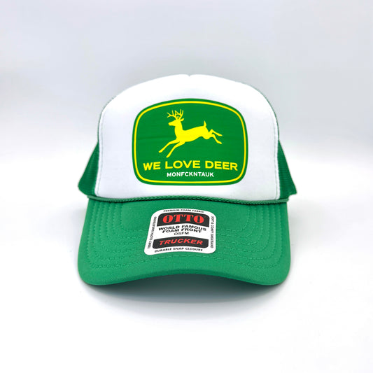 "WE LOVE DEER" foam trucker, green/white