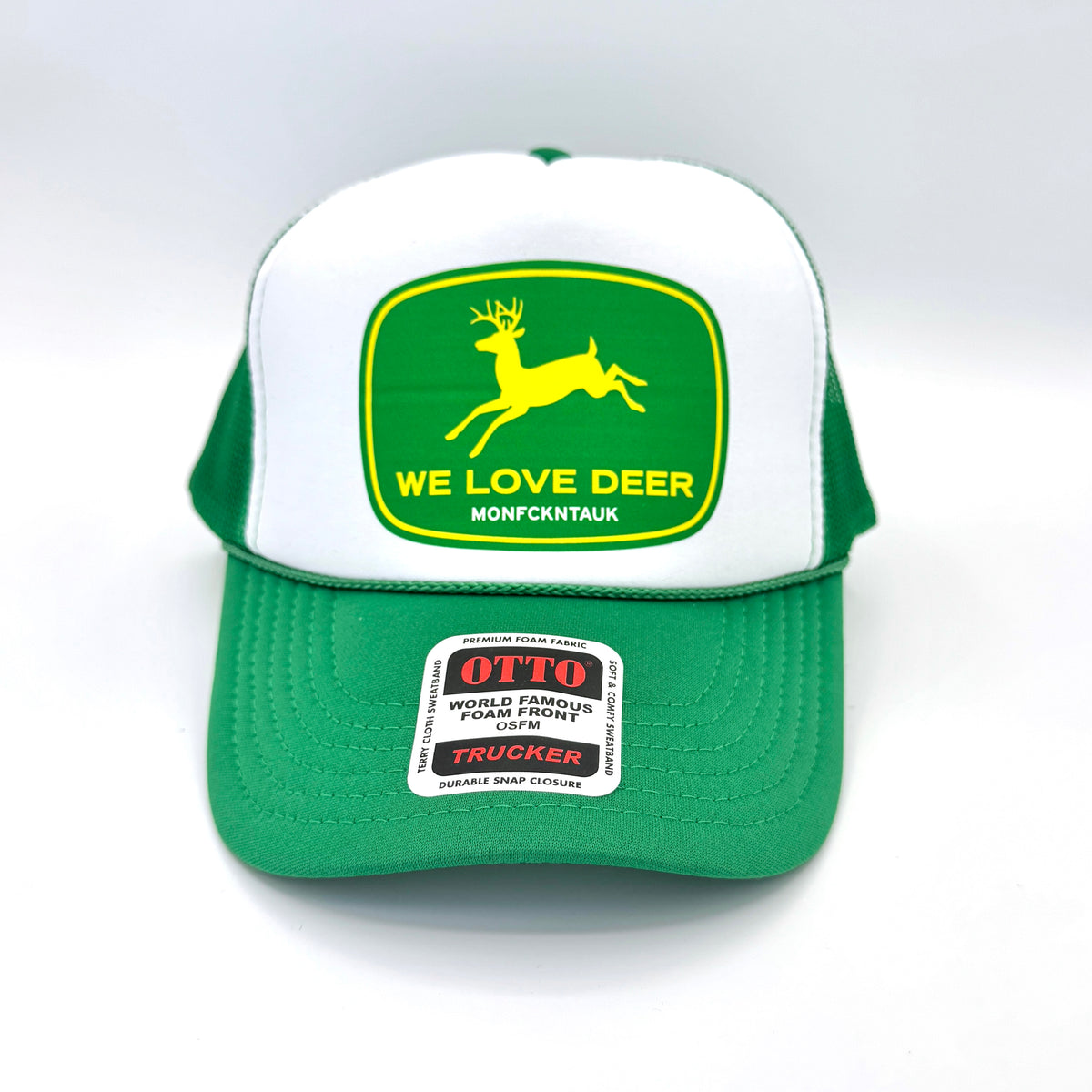 "WE LOVE DEER" foam trucker, green/white