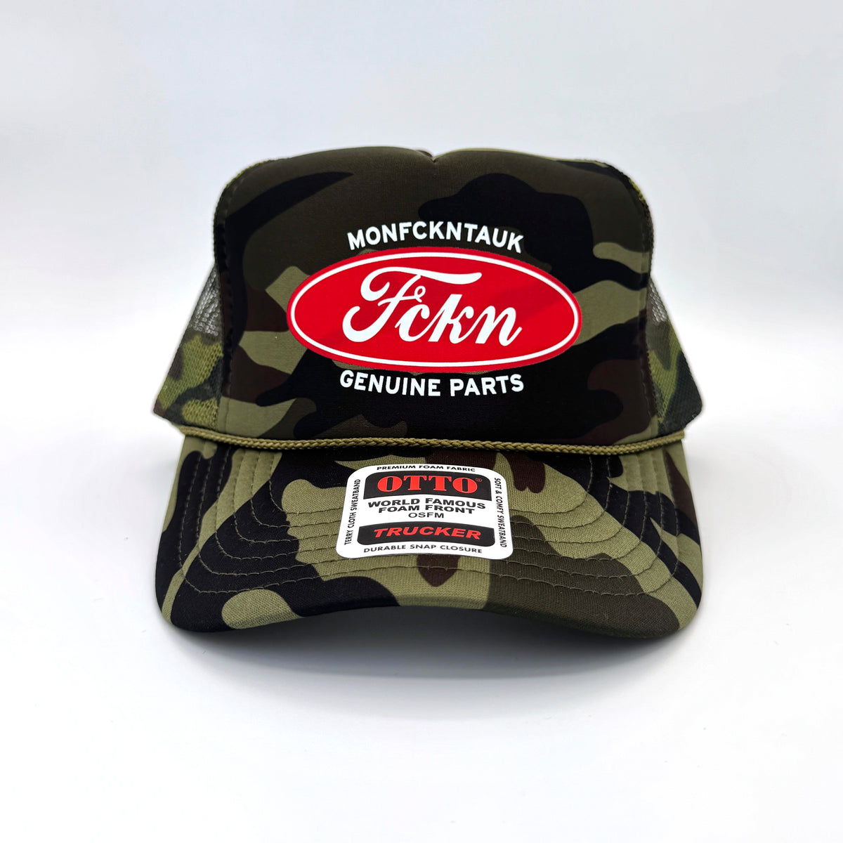 "FCKN Genuine Parts" foam trucker, camo