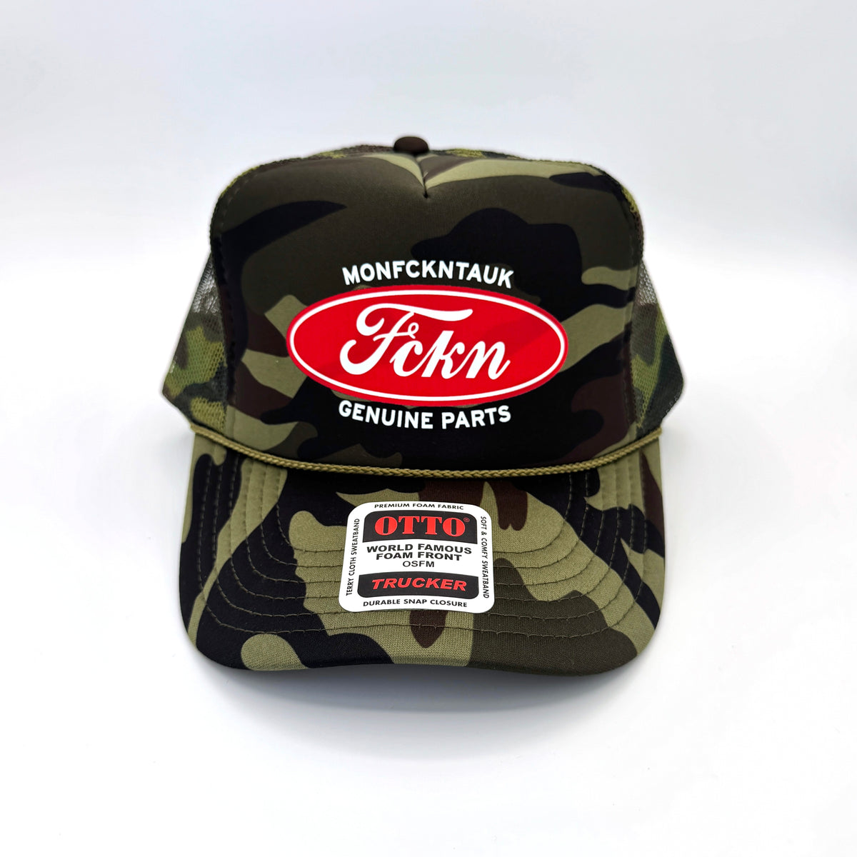 "FCKN Genuine Parts" foam trucker, camo