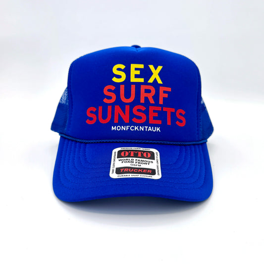 "SEX SURF SUNSETS" foam trucker, royal blue
