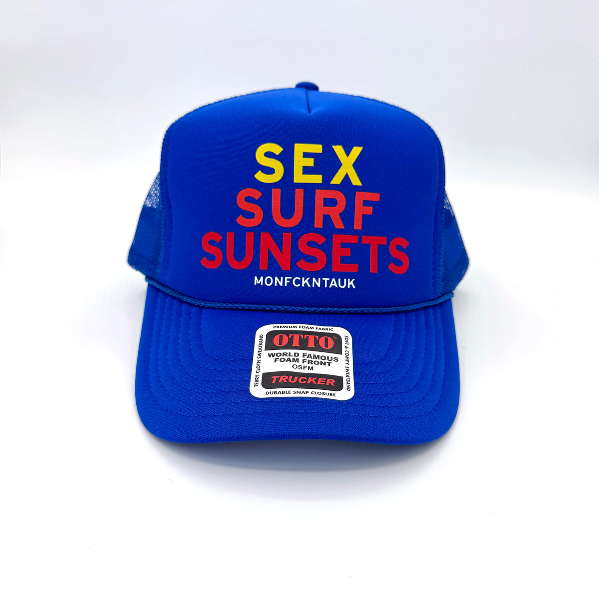 "SEX SURF SUNSETS" foam trucker, royal blue